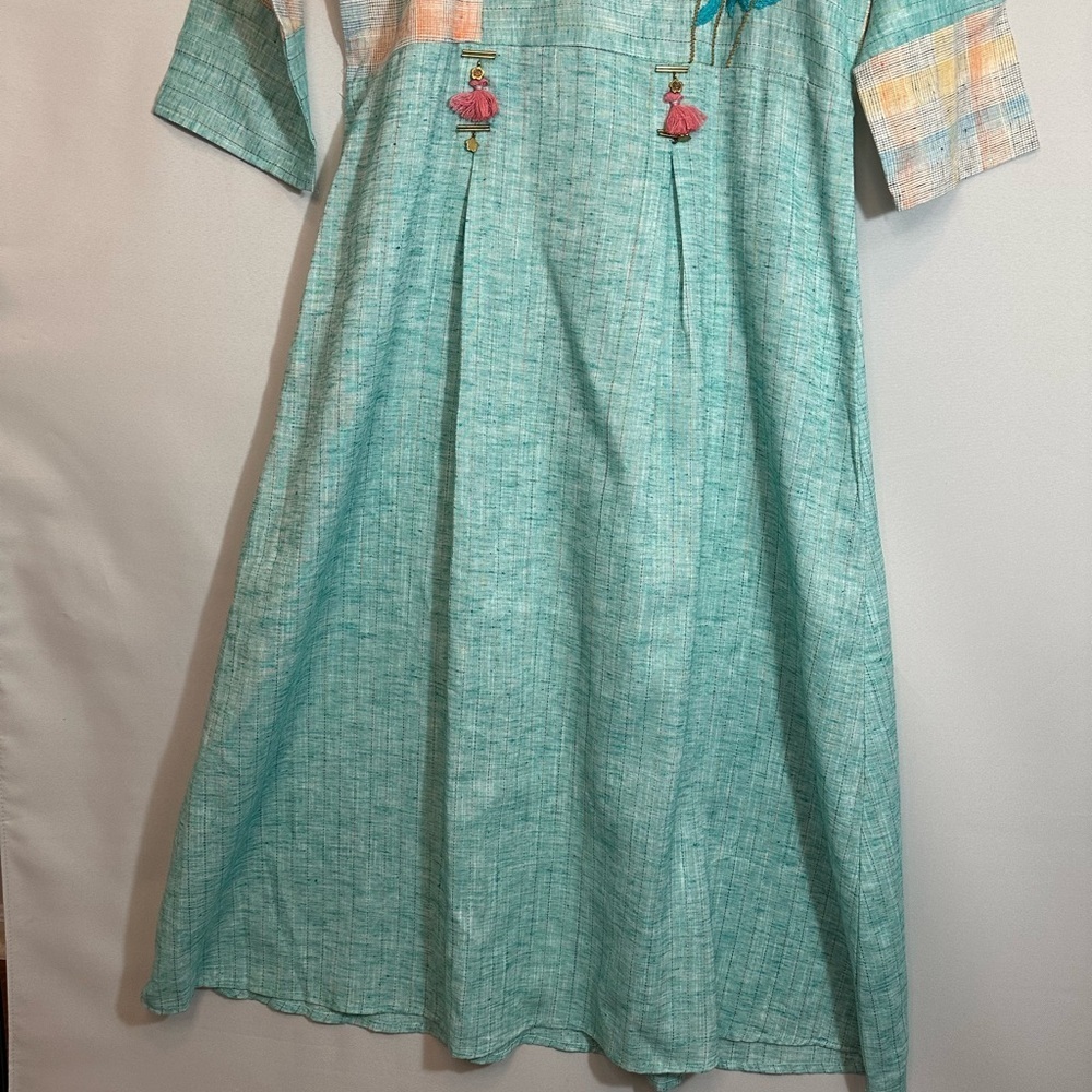 I2Q Womens Size XL Embroidered Ethnic Dress Frock Teal Floral Accents unique - Picture 7 of 11